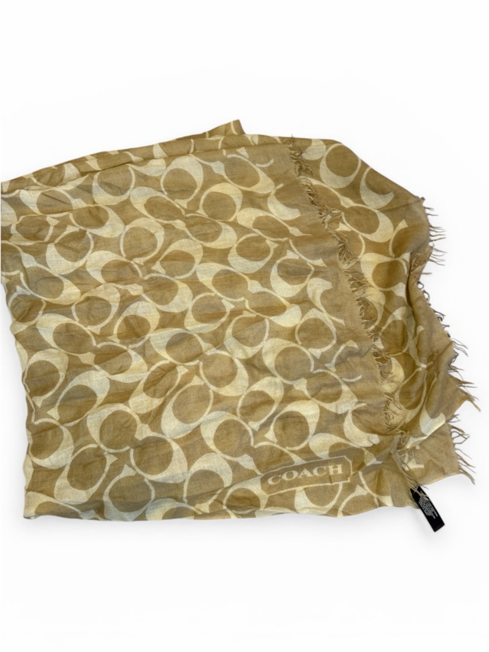 Coach Signature Monogram Silk & Cashmere Scarf Lightweight Sheer Brown / Tan
